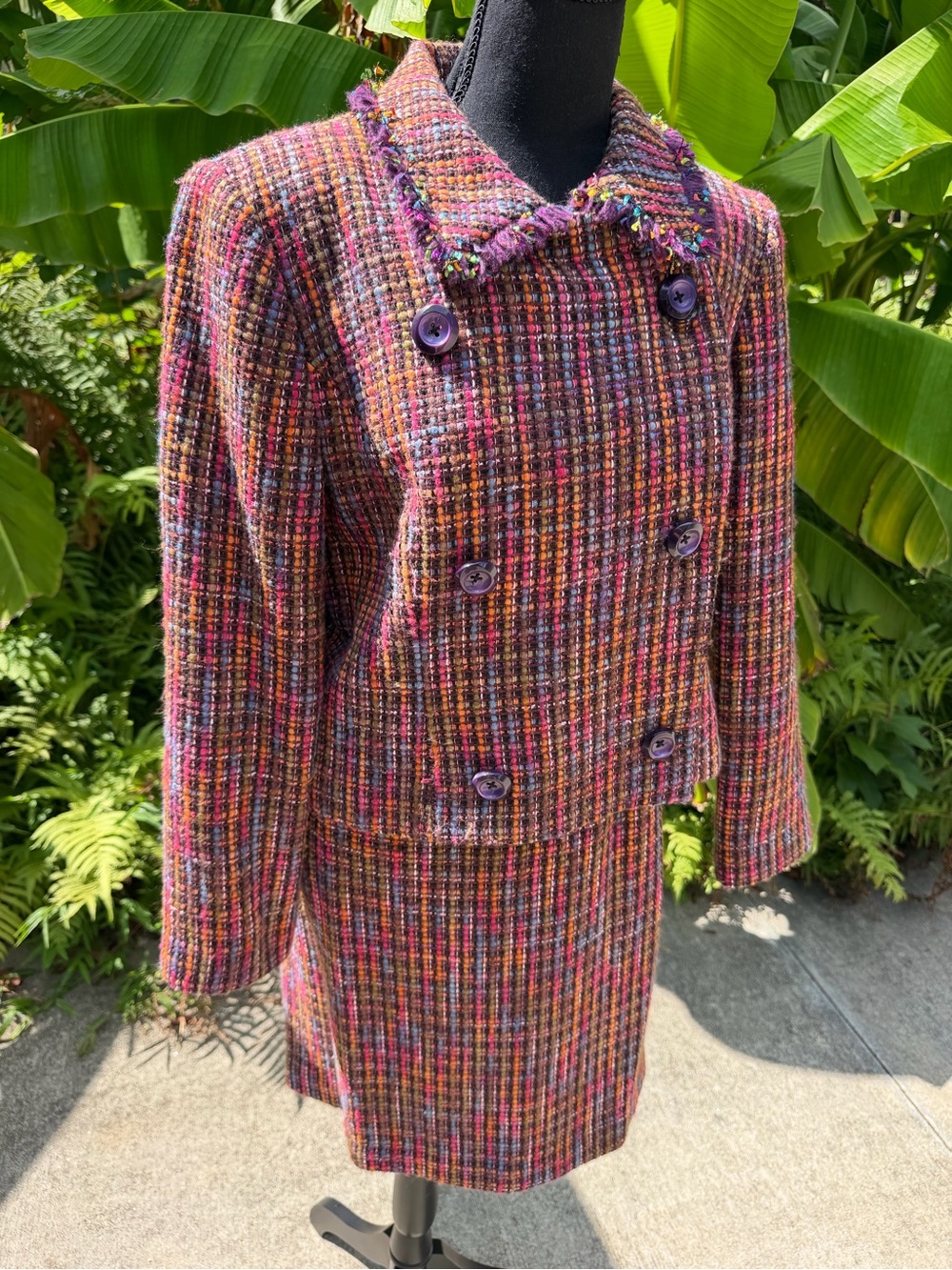 Vintage Talbots Tweed Skirt Suit Set Multi-Color Pink Purple Plaid - Size 14